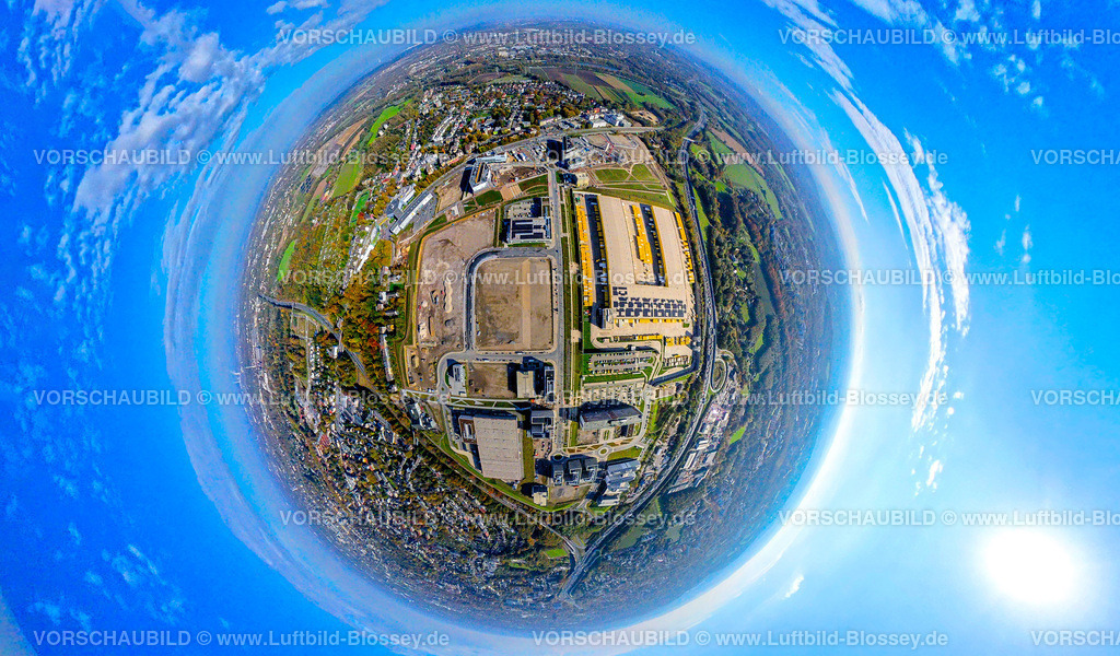 Bochum241090430OPEL | Luftbild, Großbaustelle Mark 51/7, O-Werk Campus und Neubau Wissenschafts- und Technologiequartier, ehemaliges Opel Areal an der Autobahn A448, Erdkugel, Fisheye Aufnahme, Fischaugen Aufnahme, 360 Grad Aufnahme, tiny world, little planet, fisheye Bild, Laer, Bochum, Ruhrgebiet, Nordrhein-Westfalen, Deutschland
