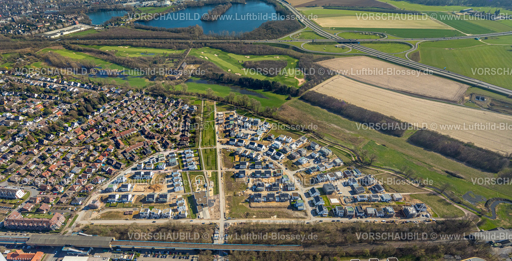 Duisburg240303014 | Luftbild, Wohngebiet Angerbogen, Am Alten Angerbach, halbkreisförmige Neubau-Wohnsiedlung, Baustelle, Huckingen, Duisburg, Ruhrgebiet, Nordrhein-Westfalen, Deutschland, Duisburg-S