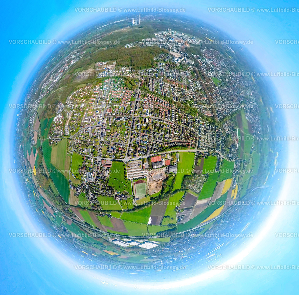 Bergkamen230520025Sued | Luftbild, City Innenstadtansicht, Töddinghauser Straße und Häupenweg, Erdkugel, Fisheye Aufnahme, Fischaugen Aufnahme, 360 Grad Aufnahme, Bergkamen, Ruhrgebiet, Nordrhein-Westfalen, Deutschland