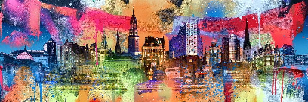 10240644 - Hamburg Pop Art Skyline | Hamburg Skyline im kunstvollen Mixed Media Pop Art Stil