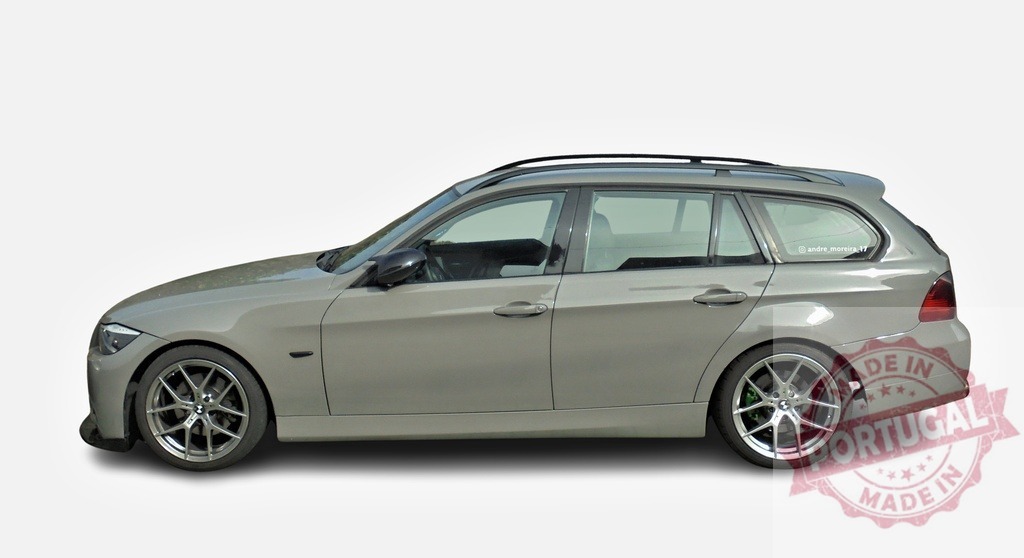 BMW 3 Series Touring car staying parked on white background | Side view of a gray BMW 3 Series Touring car with roof rack, parked on a white background - Realized with Pictrs.com
