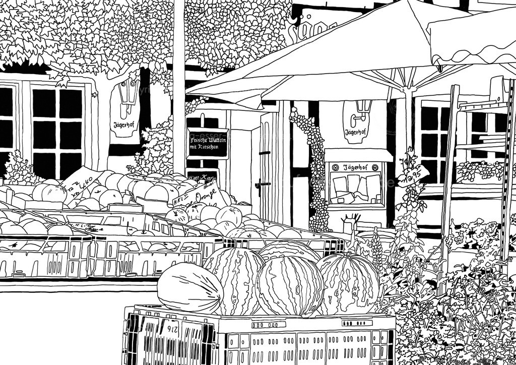 Wochenmarkt | Illustration vom Wochenmarkt mit Obststand und Blumenstand auf dem Marktplatz von Brilon. Außenlinien zum Ausmalen und Colorieren. Im Vordergrund sind Sommerfrüchte, im Hintergrund ist ein traditionelles Fachwerkhaus zu sehen.