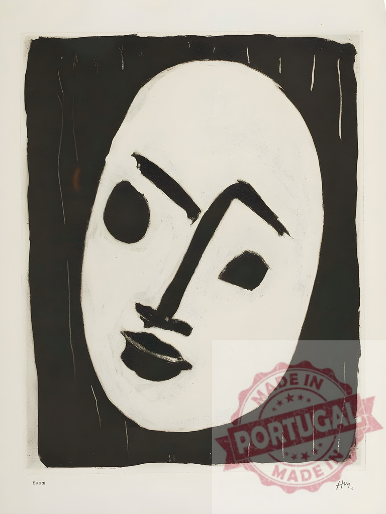 White theatrical mask on black background. Henri Matisse | White abstract mask presenting an expressive face on a stark black background - Realized with Pictrs.com