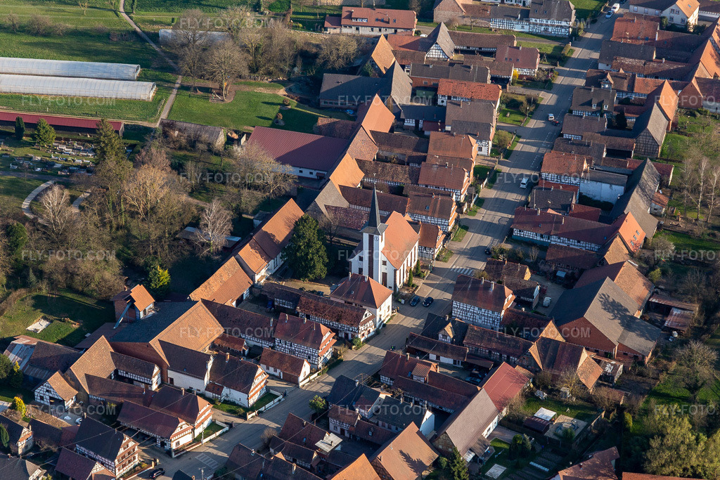 Aerial view: Reformed Church of Seebach in Seebach in the state Bas-Rhin, France.Photo: IMG_130961.jpg taken on 03/22/2022 by Werner Riehm/FLY-FOTO.comResolution of the original: 5472 x 3648 px