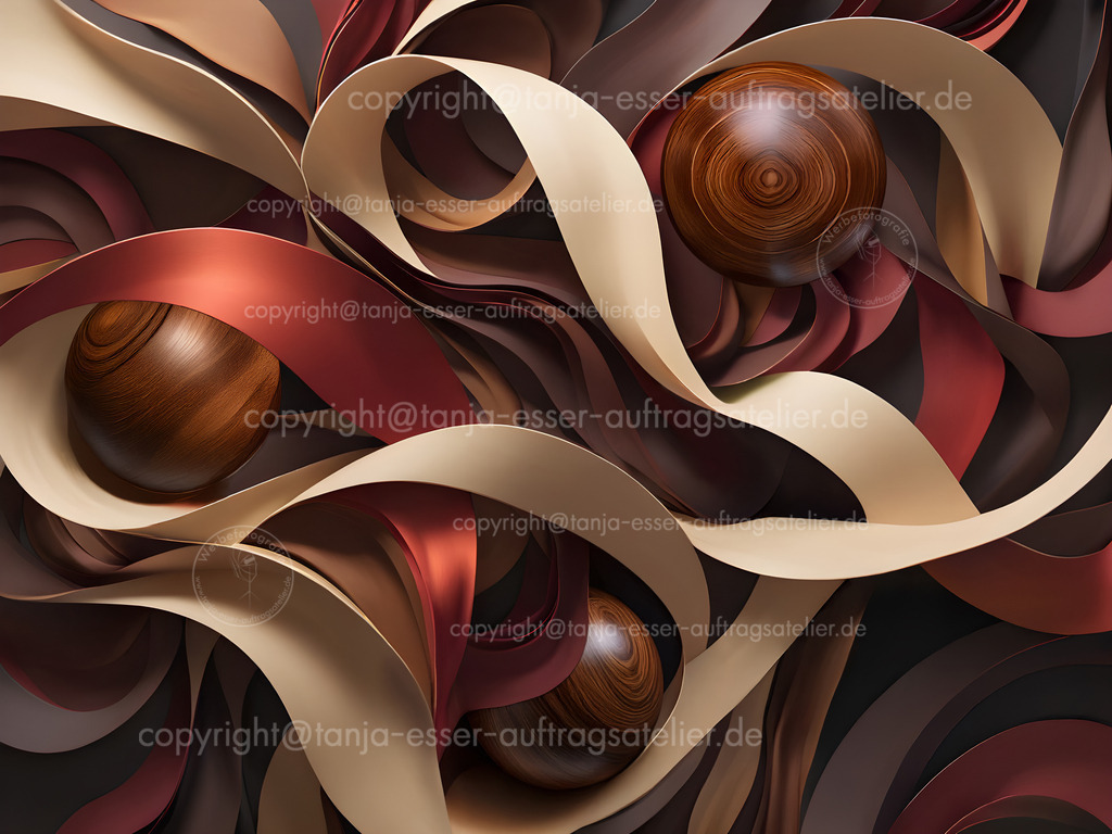 Dekorative Holzkugeln mit Stoffbändern in rot braun | Edles Wandbild Motiv für eine warmes hölzernes Ambiente. Schimmernde Stoffstreifen in beige, rot und braun winden sich um drei polierte Holzkugeln. Die Holzmaserung kommt toll zur Geltung.