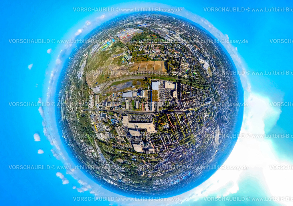 Dortmund241090076Nord-MuensterstrasseHoesch | Luftbild, Wohngebiet Dortmund-Nord und Gewerbegeiet Münsterstraße mit Einkaufszentrum Kaufland, Hoesch Areal Gewerbegebiet Westfalenhütte mit Siemens Rail Service, Erdkugel, Fisheye Aufnahme, Fischaugen Aufnahme, 360 Grad Aufnahme, tiny world, little planet, fisheye Bild, Nordmarkt, Dortmund, Ruhrgebiet, Nordrhein-Westfalen, Deutschland
