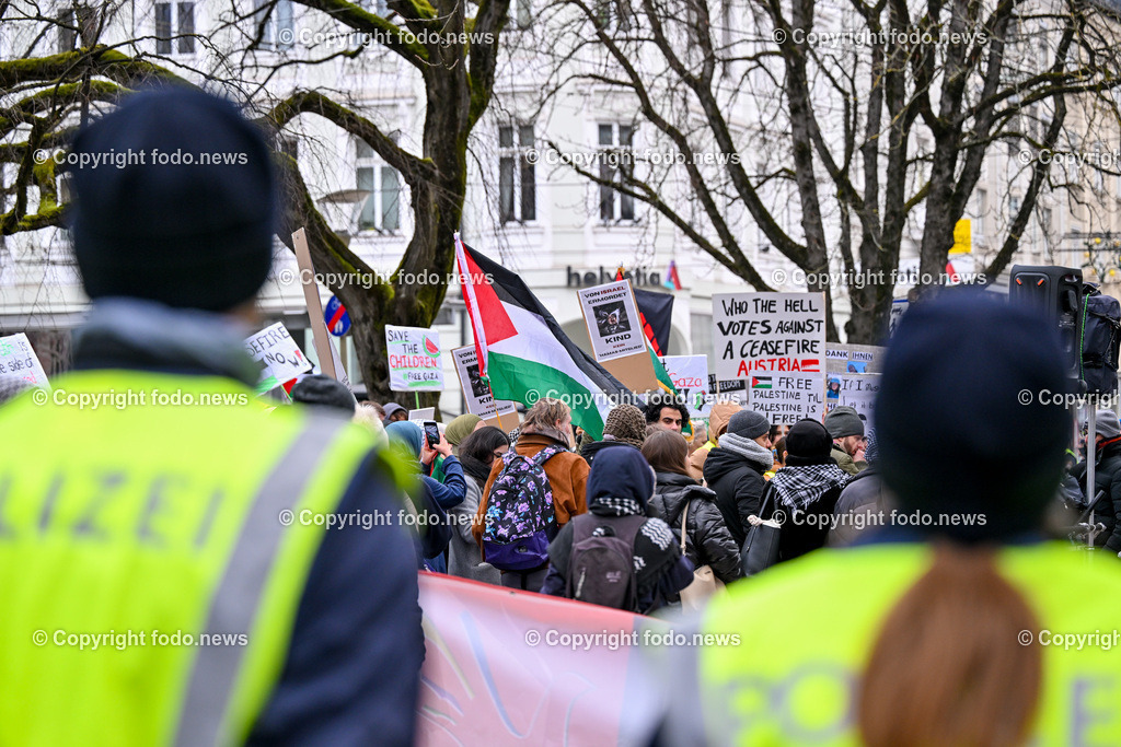 Demonstration Paleastina in Linz_ Pro Gaza_ 14.01.2024-21 | 14.01.2024, Linz, AUT, Demonstration, im Bild Palästina, Palaestina, Gaza, Demoteilnehmer, Teilnehmer, Kundgebung, Plakate, Fahnen, Polizei, Beamte, Polizeifahrzeuge, Einsatzkraefte, Israel, Krieg, Hamas, Geisel, Freiheit, Frieden