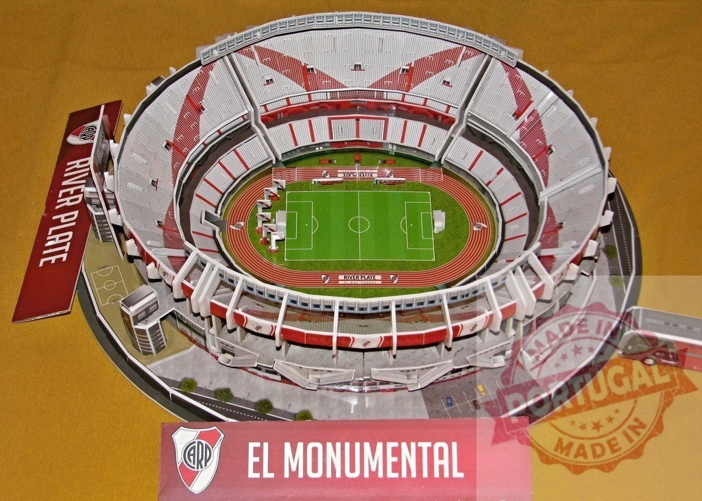 Scale model of Estadio Monumental Antonio Vespucio Liberti, home of River Plate football club | High angle view of a scale model of the River Plate stadium, including the football field, running track, stands and parking - Realized with Pictrs.com