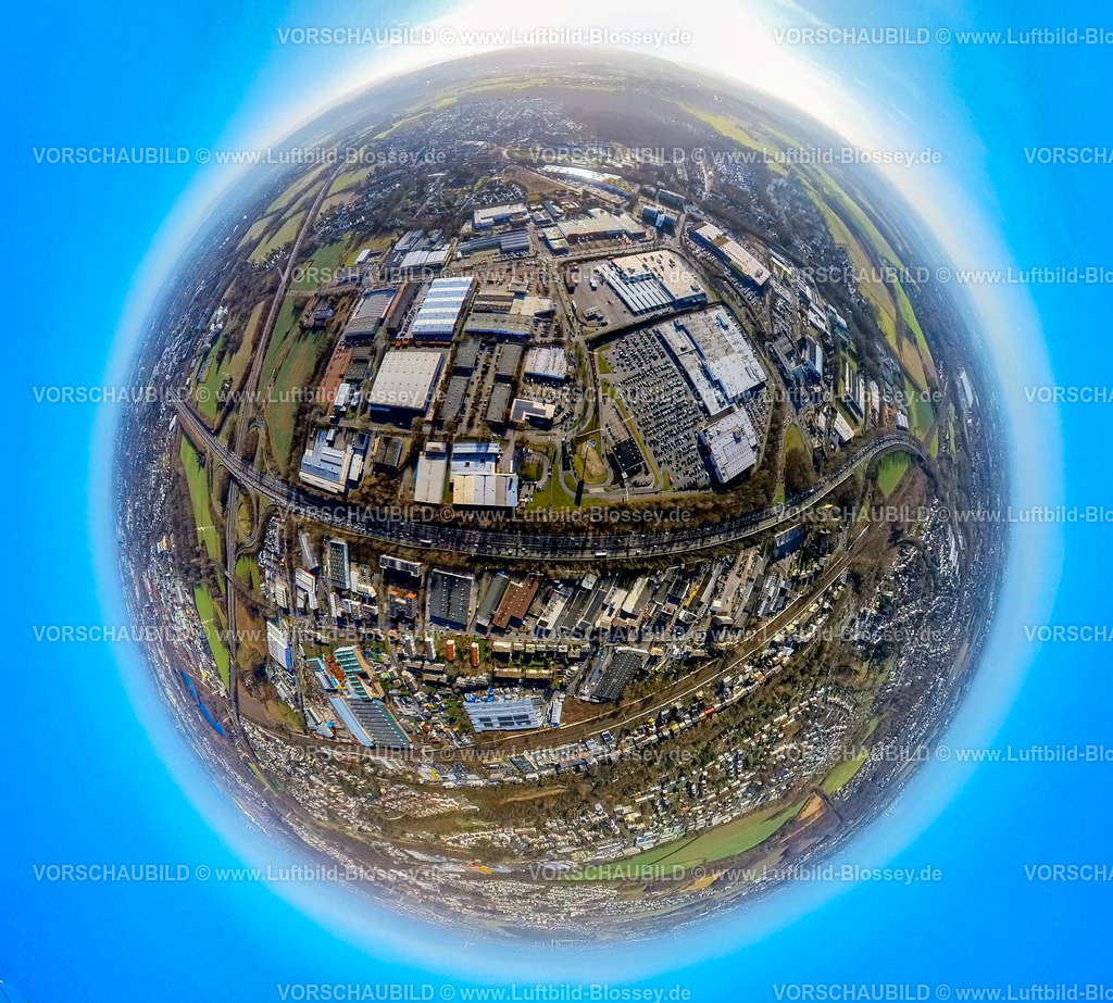 Dortmund240190026FishGewerbeparkKleyA40 | Luftbild, Gewerbepark Kley Gewerbegebiet Indupark an der BAB Autobahn A40, Erdkugel, Fisheye Aufnahme, Fischaugen Aufnahme, 360 Grad Aufnahme, tiny world, little planet, fisheye Bild, Oespel, Dortmund, Ruhrgebiet, Nordrhein-Westfalen, Deutschland