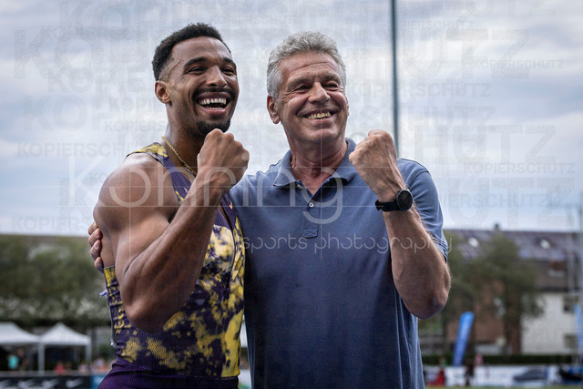 Multisport Event; Ratingen, 28.06.2026 | RATINGEN, GERMANY - JUNE 28, 2026 :  Leo Neugebauer (GER / Germany) and Jürgen Hingens (former German record holder) during the Multisport Event at Stadion Ratingen on June 28, 2026 in Ratingen, Germany.