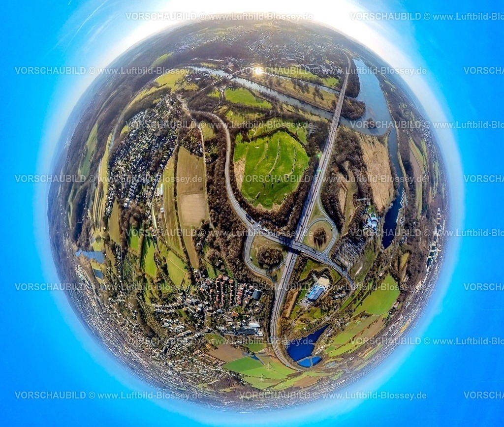 Witten240190035GolfplatzHeven Ruhr-Golf-GmbH | Luftbild, Ruhr-Golf GmbH Golfplatz Golfwiese Heven am Kemnader See, BAB Autobahn A43 und Autobahnanschlussstelle Witten-Heven, Fluss Ruhr, Erdkugel, Fisheye Aufnahme, Fischaugen Aufnahme, 360 Grad Aufnahme, tiny world, little planet, fisheye Bild, Heven, Witten, Ruhrgebiet, Nordrhein-Westfalen, Deutschland