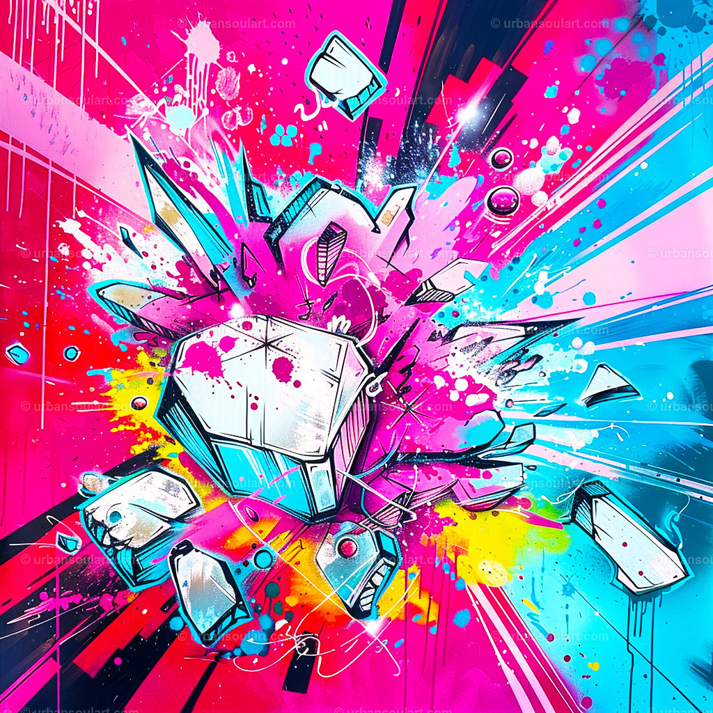 Exploded Ice Cube | A dynamic and colorful abstract artwork depicting an ice cube shattering into pieces with vivid splashes of pink, blue, and yellow. Ideal for modern, energetic spaces. - Realisiert mit Pictrs.com