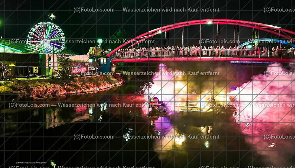 0513_Luftbild_VOLKSFEST-Wlbg_InselFeuer-Show | (C)FotoLois.com, Alois Spandl, Luftbild, Wieselburger VOLKSFEST neu, Feuershow auf der Erlaufinsel unter den Brücken, Do 29. Juni 2023.