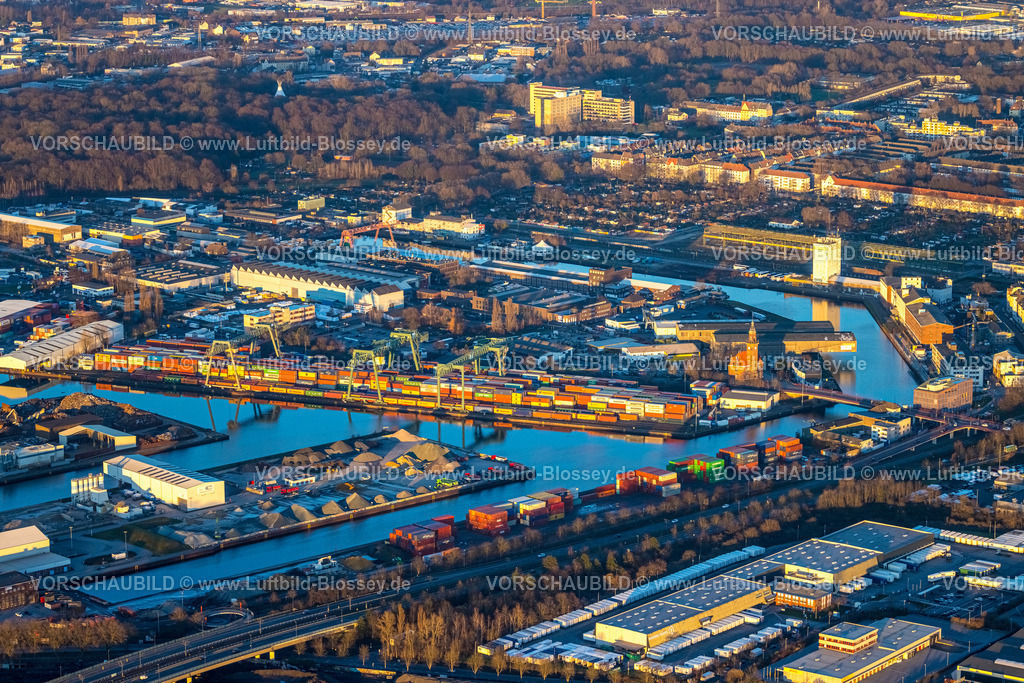 Dortmund230202850 | Luftbild, Hafen Dortmund im Abendlicht, Hafen, Dortmund, Ruhrgebiet, Nordrhein-Westfalen, Deutschland