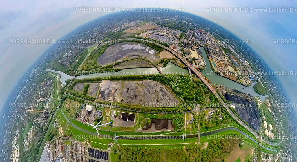 Essen240490053Rhein-Herne-Kanal_StadtteilFreiheitEmscher | Luftbild, Stadthafen und neues Bauprojekt Freiheit Emscher, Rhein-Herne-Kanalbrücke mit rotem Geländer, Autobahn A42 Emscherschnellweg, Infrastruktur, Doppelbogenbrücke an der Stadtgrenze Bottrop, Essen-Nord Gladbecker Straße, Erdkugel, Fisheye Aufnahme, Fischaugen Aufnahme, 360 Grad Aufnahme, tiny world, little planet, fisheye Bild, Vogelheim, Essen, Ruhrgebiet, Nordrhein-Westfalen, Deutschland