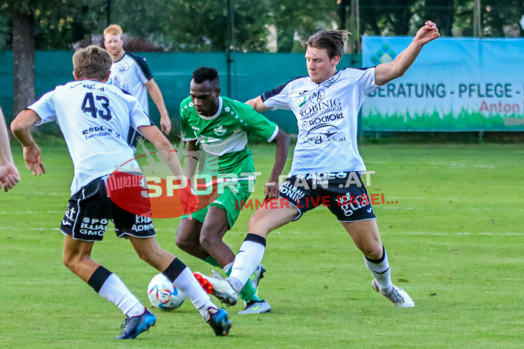 SV Donau - FC Lendorf 0-0, Kärntner Liga 3. Runde | Simon Hinteregger (FC Lendorf #43) Boyo Jarjue (SV Donau Klagenfurt #14) SV Donau - FC Lendorf 0-0 am 12.08.2023 in Klagenfurt
(Sportplatz SV Donau), Austria, (Photo by Ernst Krawagner sport-fan.at) - Realisiert mit Pictrs.com