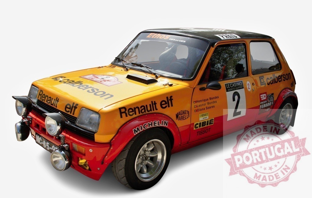 Renault 5 rally car racing on white background | Iconic classic rally car featuring sponsor branding ready for high-speed motorsport competition - Realized with Pictrs.com