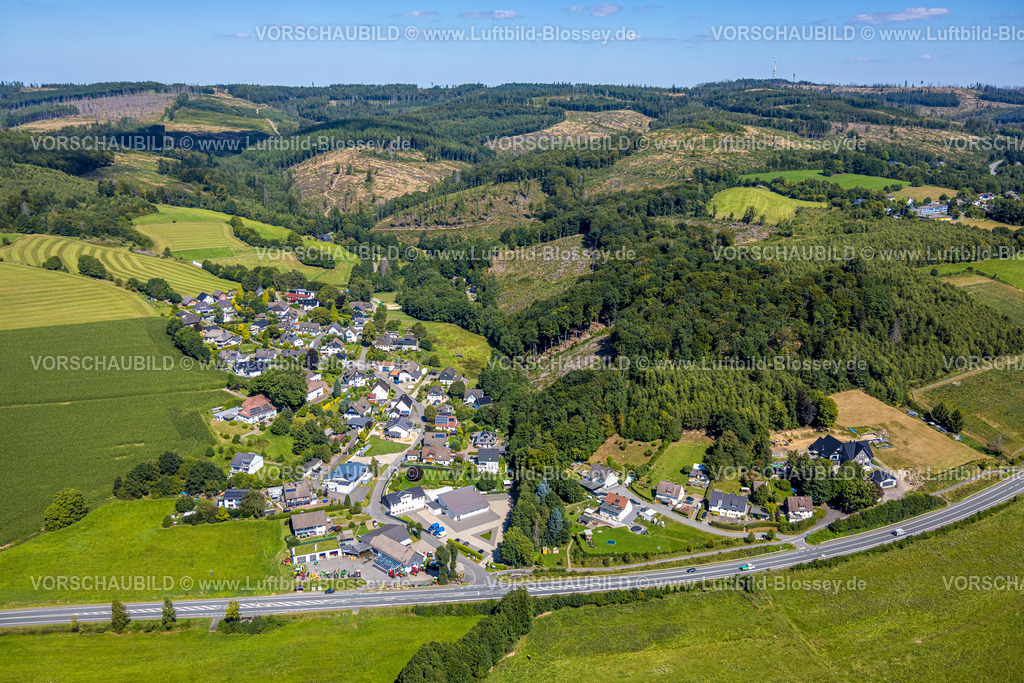 Meinerzhagen250812436 | Luftbild, Wohngebiet Ortsansicht Hösinghausen an der Landesstraße L539, Wald mit Waldschäden,  Hösinghausen, Meinerzhagen, Sauerland, Nordrhein-Westfalen, Deutschland
