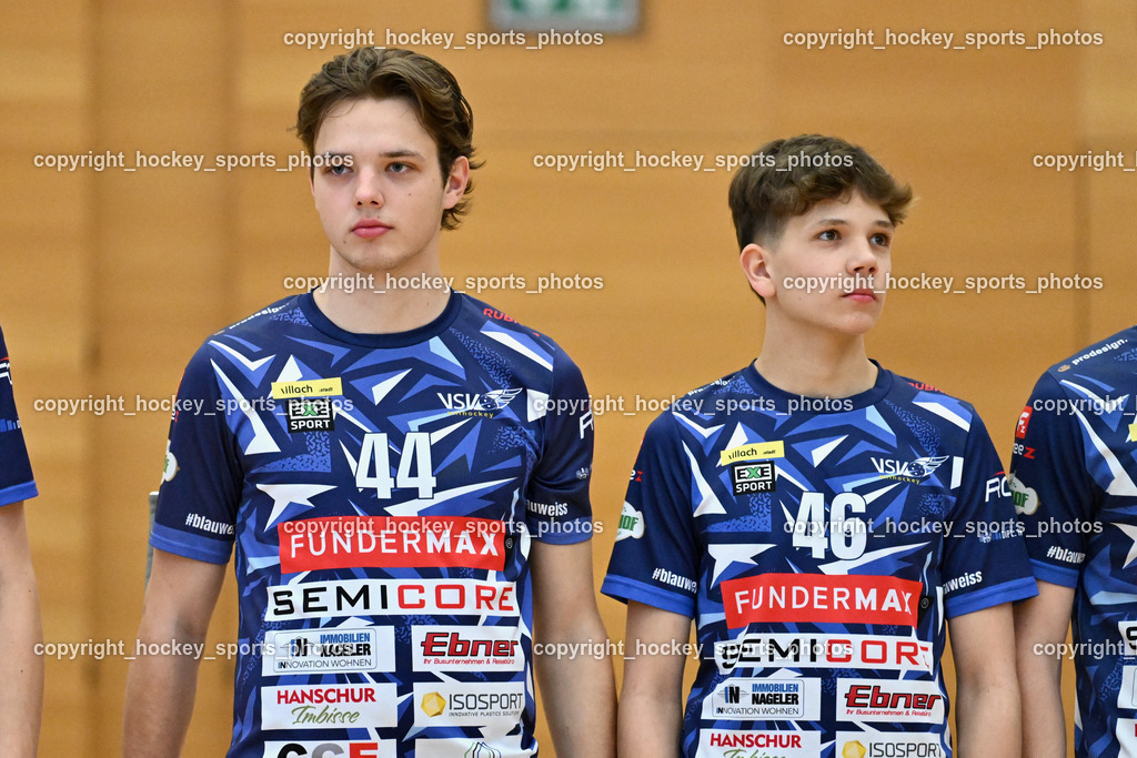 VSV Unihockey  vs. FBK Loka  | #44 Luca Widnig VSV Unihockey, #46 Elias Kronig VSV Unihockey, VSV Unihockey  vs. FBK Loka , VSV Unihockey  vs. FBK Loka  am 25.01.2026 in Villach (Ballspielhalle St. Martin), Austria, (Photo by Bernd Stefan)
