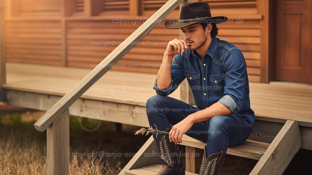 Nachdenklicher Cowboy auf einer Veranda | Ein Cowboy in Jeans, mit Cowboyhut und Cowboystiefeln sitzt nachdenklich auf einer Holzveranda. Er spielt mit einem Grashalm und scheint eine Entscheidung abzuwägen. Überarbeitetes KI generiertes Bild. 