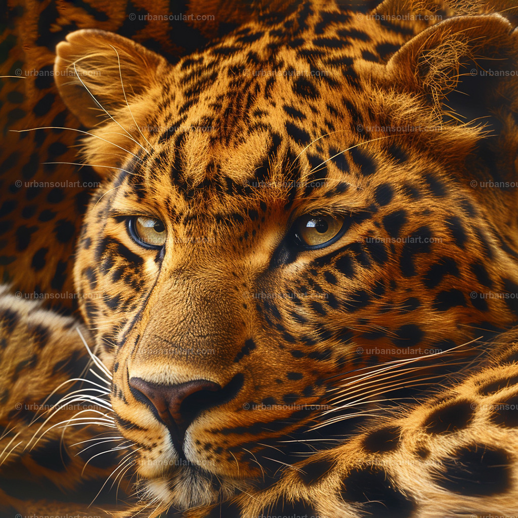 African leopard close up | A mesmerizing close-up of an African leopard's face, highlighting its piercing gaze and intricate spots. Ideal for animal lovers, this artwork brings a powerful and captivating presence to any decor. - Realisiert mit Pictrs.com