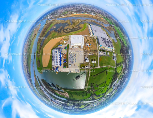 Wesel240390025Rhein-Lippe-Hafen | Luftbild, Rhein-Lippe-Hafen DeltaPort Hafenverbund, Lippemündungsraum Naturschutzgebiet Lippeaue, Fluss Rhein, Erdkugel, Fisheye Aufnahme, Fischaugen Aufnahme, 360 Grad Aufnahme, tiny world, little planet, fisheye Bild, Wesel, Nordrhein-Westfalen, Deutschland