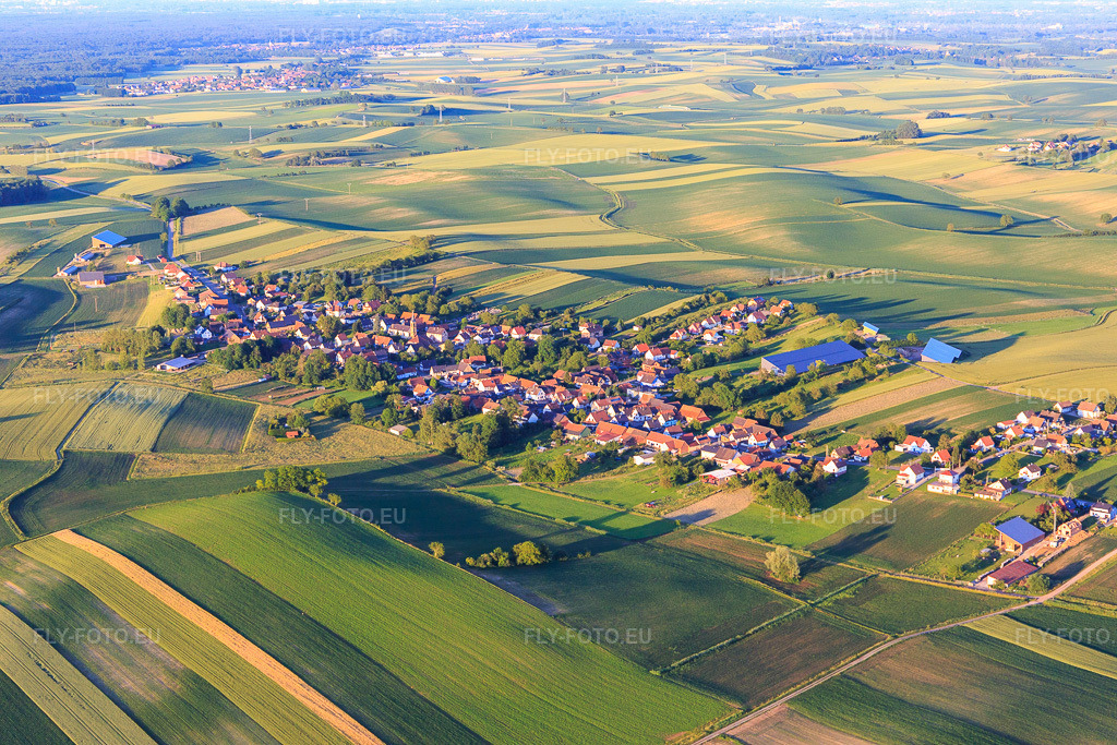 Vue aérienne: Vue de la ville depuis l'ouest à Siegen dans le département Bas Rhin, France – .Photo: IMG_115533.jpg prise le 16/06/2019 par Werner Riehm/FLY-FOTO.eu – Résolution de l'original: 5472 x 3648 px