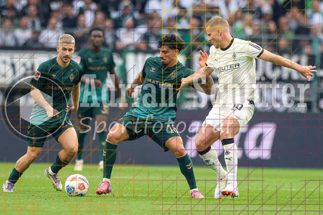 Borussia Mönchengladbach vs SV Werder Bremen - Bundesliga | Mönchengladbach, Deutschland, 14.09.25:   Cameron Michel Puertas Castro (SV Werder Bremen) und Luca Netz (Borussia Mönchengladbach) im Kampf um den Ball waehrend des Spiels der Bundesliga zwischen Borussia Mönchengladbach vs SV Werder Bremen im Stadion im Borussia Park(Foto von Brauer-Fotoagentur / Adrian Schlueter)