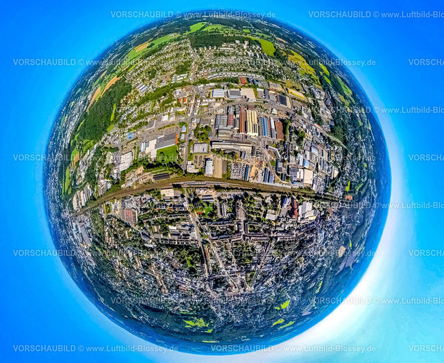 Schwelm240890760GewerbegebietLoherstrasse | Luftbild, Gewerbegebiet Loherstraße, Bahnhof Schwelm, Erdkugel, Fisheye Aufnahme, Fischaugen Aufnahme, 360 Grad Aufnahme, tiny world, little planet, fisheye Bild, , Schwelm, Ruhrgebiet, Nordrhein-Westfalen, Deutschland
