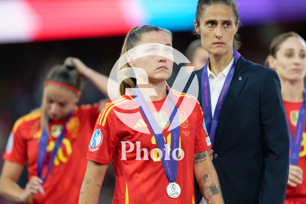 England v Spain - UEFA Women's EURO 2025 Final | BASEL, SWITZERLAND - JULY 27:  Claudia Pina of Spain (L) and Montserrat Tome of Spain (R) looks dejected  during the UEFA Women's EURO 2025 Final match between England and Spain at St. Jakob-Park on July 27, 2025 in Basel, Switzerland. (Photo by Giuseppe Velletri/Sports Press Photo/Getty Images)