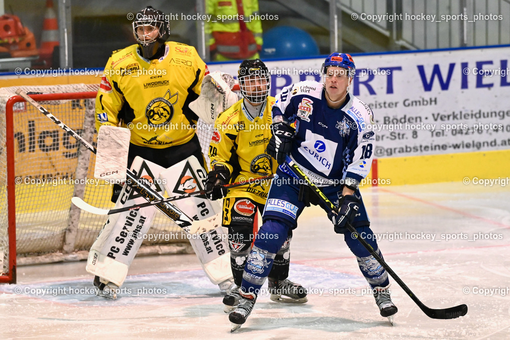ESC Steindorf vs. EC Hornets Spittal 20.2.2024 | #1 Zauchner Rene EC Hornets Spittal, #98 Thalhammer Dominic EC Hornets Spittal, #18 Pewal Martin ESC Steindorf, ESC Steindorf vs. EC Hornets Spittal 20.2.2024, ESC Steindorf vs. EC Hornets Spittal 20.2.2024 am 20.02.2024 in Steindorf (Ossiachersee Halle), Austria, (Photo by Bernd Stefan)