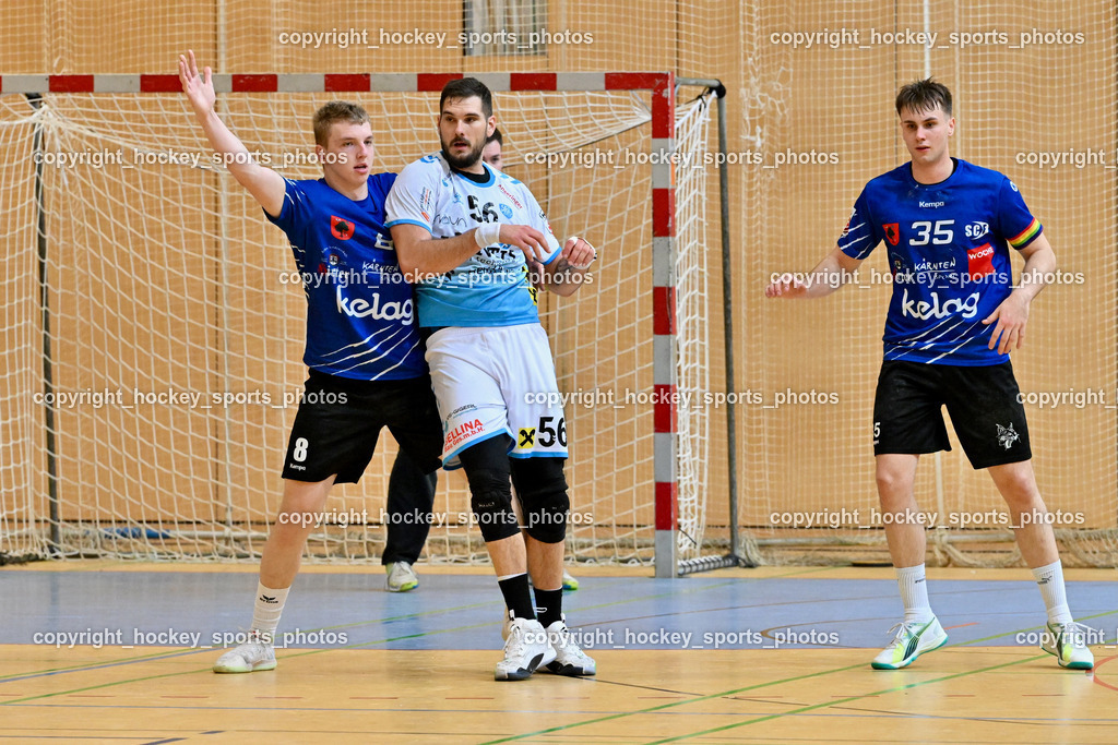 SC Ferlach vs. HSG Bärnbach/Köflach 30.3.2024 | #8 KNAPP Simon SC Ferlach, #56 Beciri Kristian HSG Bärnbach, #35 JURANIC Jura Egon SC Ferlach, SC Ferlach vs. HSG Bärnbach/Köflach 30.3.2024, SC Ferlach vs. HSG Bärnbach/Köflach am 30.03.2024 in Ferlach (Ballspielhalle Ferlach), Austria, (Photo by Bernd Stefan)
