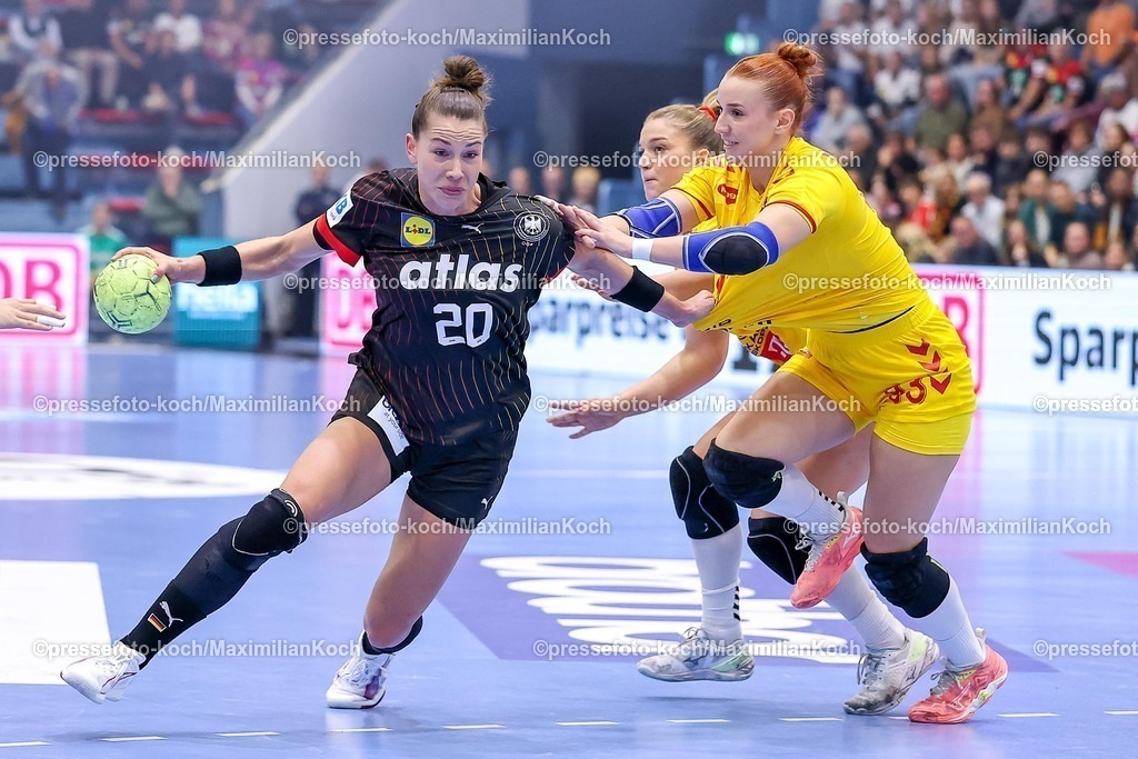 DHB16102501003 | 16.10.2025, Handball, EHF Frauen Länderpiel, EM Qualifikation 2026, Deutschland - Nordmazedonien, Schwalbe-Arena in Gummersbach:  Emily VOGEL (GER #20) wirft den Ball auf das Tor 