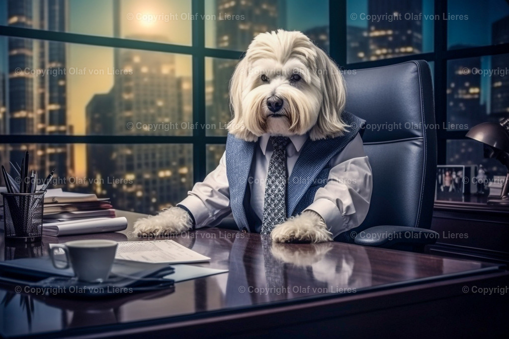 weißer Yorkshire Terrier im Anzug  | kleiner weißer Hund im Büro