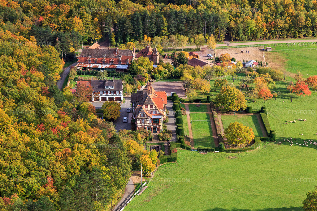 Aerial view: Villa Le Riesack in Niederbronn-les-Bains in the state Bas-Rhin, France. – Photo: IMG_084730.jpg taken on 10/23/2015 by Werner Riehm/FLY-FOTO.com – Resolution of the original: 5472 x 3648 px – Gite de groupe en Alsace. Fetes de famille. Villa le Riesack. Capacit\xc3\xa9: 30 \xc3\xa0 50 Personnes