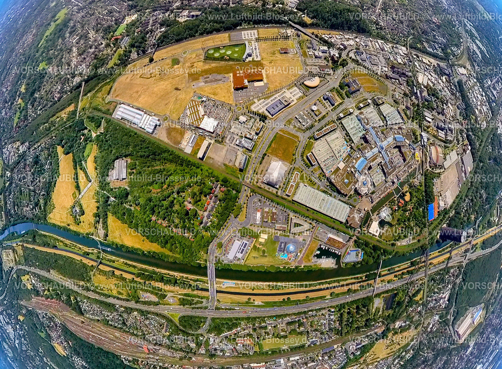 Oberhausen230790129_Neue Mitte | Luftbild, Westfield Centro, Neue Mitte mit Gasometer, Erdkugel, Fisheye Aufnahme, Fischaugen Aufnahme, 360 Grad Aufnahme, tiny world, Borbeck, Oberhausen, Ruhrgebiet, Nordrhein-Westfalen, Deutschland