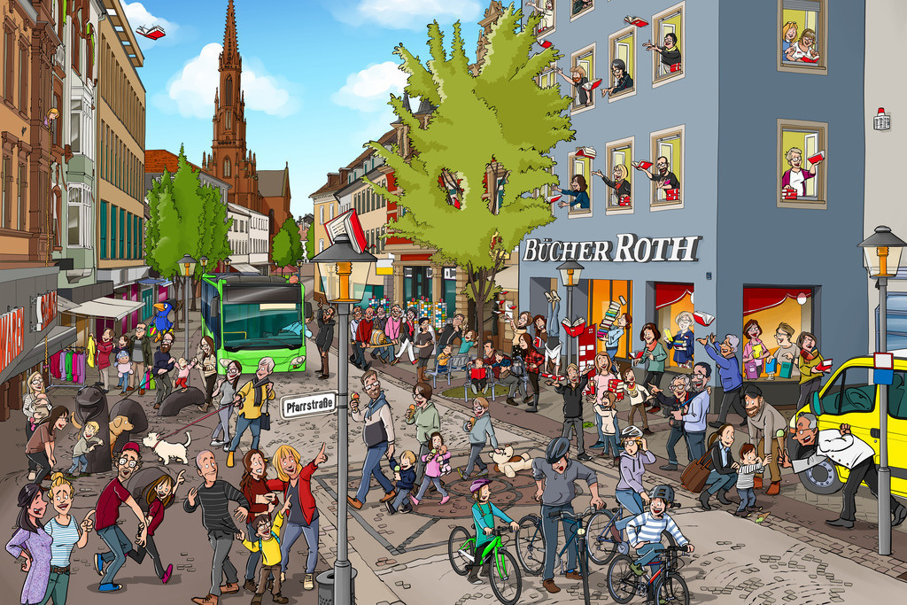 Offenburg-Wimmelbild-Buchhandlung Roth-schanz-partner | Ein Wimmelbild aus dem Bilderbuch „Offenburg wimmelt“ - Realisiert mit Pictrs.com