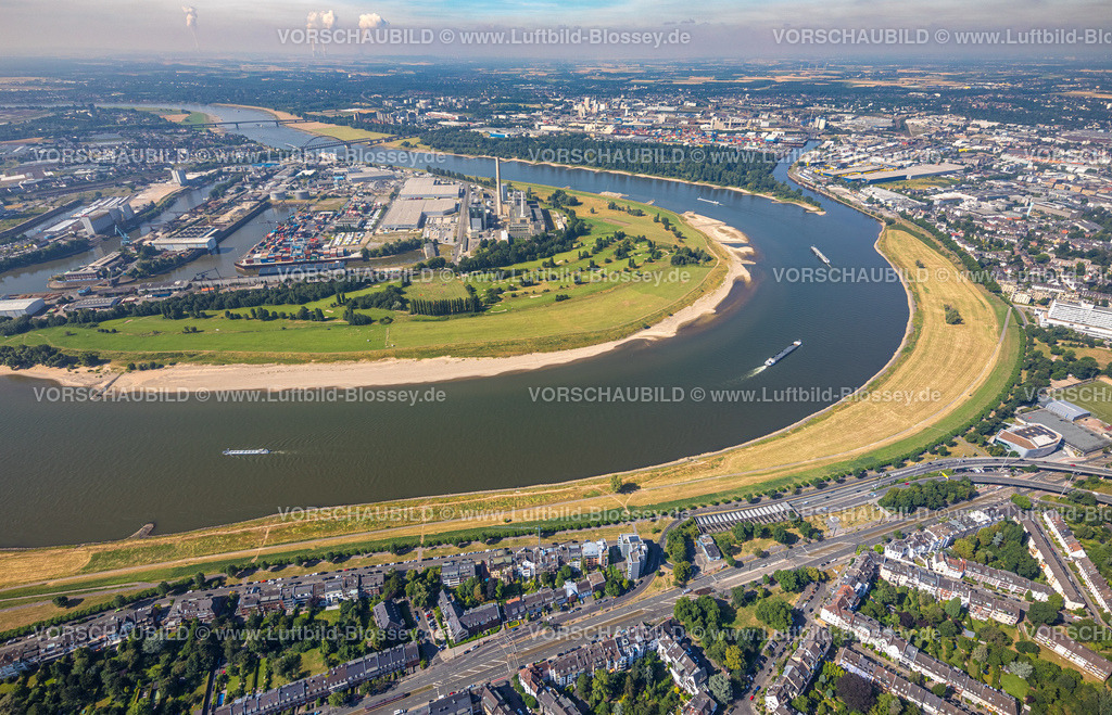 Duesseldorf220700728 | Luftbild, Binnenschifffahrt auf Fluss Rhein und Kraftwerk Lausward, Rheinbogen, Hafen, Düsseldorf, Rheinland, Nordrhein-Westfalen, Deutschland
