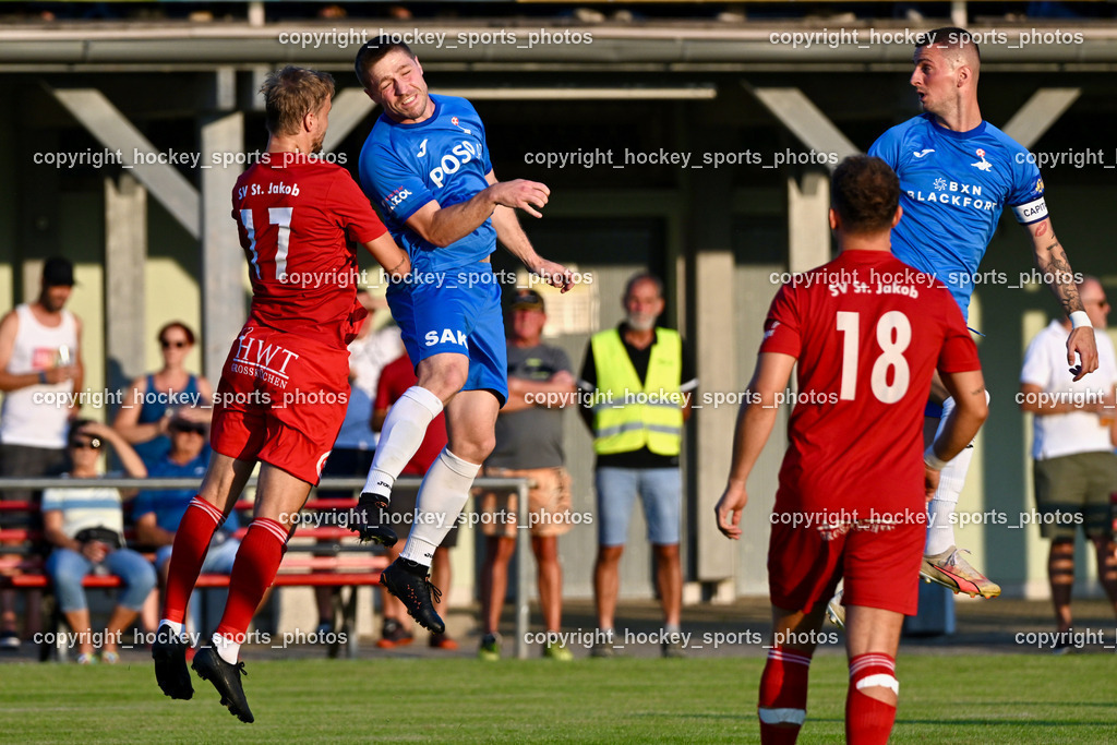 SV St.Jakob vs. SAK | #17 Sebastian Bauer St.Jakob, #14 Nace Erzen SAK, #24 Zoran Vukovic SAK, #18 Raimund Valtiner St.Jakob, SV St.Jakob vs. SAK, SV St.Jakob vs. SAK am 23.08.2024 in St. Jakob im Rosenthal (Sportplatz St. Jakob), Austria, (Photo by Bernd Stefan)