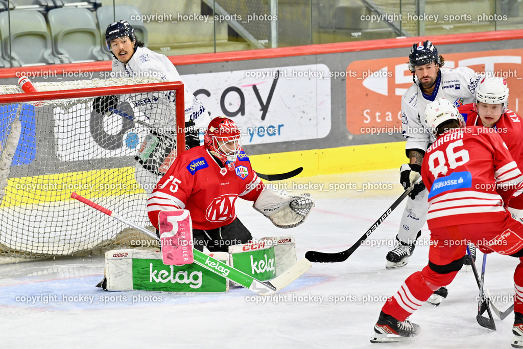 EC KAC Future Team vs. Die Adler Kitzbühl 7.10.2023 | #19 Seto Chris EC Kitzbühel, #75 Kropiunig Ralf EC KAC FUTURE TEAM, #6 Rotter Rafael EC Kitzbühel, #86 Burgar Nejc, #88 Klassek Thomas EC KAC FUTURE TEAM, EC KAC Future Team vs. Die Adler Kitzbühl 7.10.2023, EC KAC Future Team vs. Die Adler Kitzbühl am 07.10.2023 in Klagenfurt (Messehalle Klagenfurt), Austria, (Photo by Bernd Stefan)