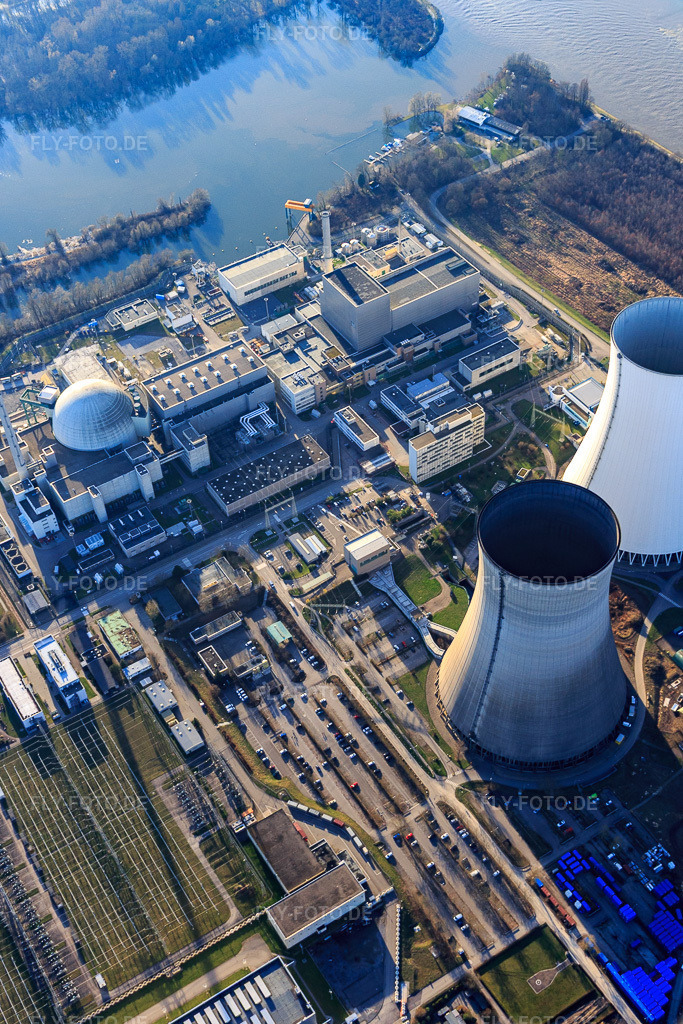 Luftbild: Kernkraftwerk Philippsburg am Rheinufer in Philippsburg im Bundesland Baden-Württemberg in Deutschland. Foto: IMG_097343.jpg vom 10.03.2017 durch Werner Riehm/FLY-FOTO.de