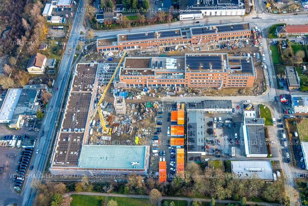 Herne251203483 | Luftbild, Baustelle mit Baukran und Neubau im Gewerbegebiet Am Trimbuschhof, Florianweg, ehemals Herner Glas Gelände, Sodingen, Herne, Ruhrgebiet, Nordrhein-Westfalen, Deutschland