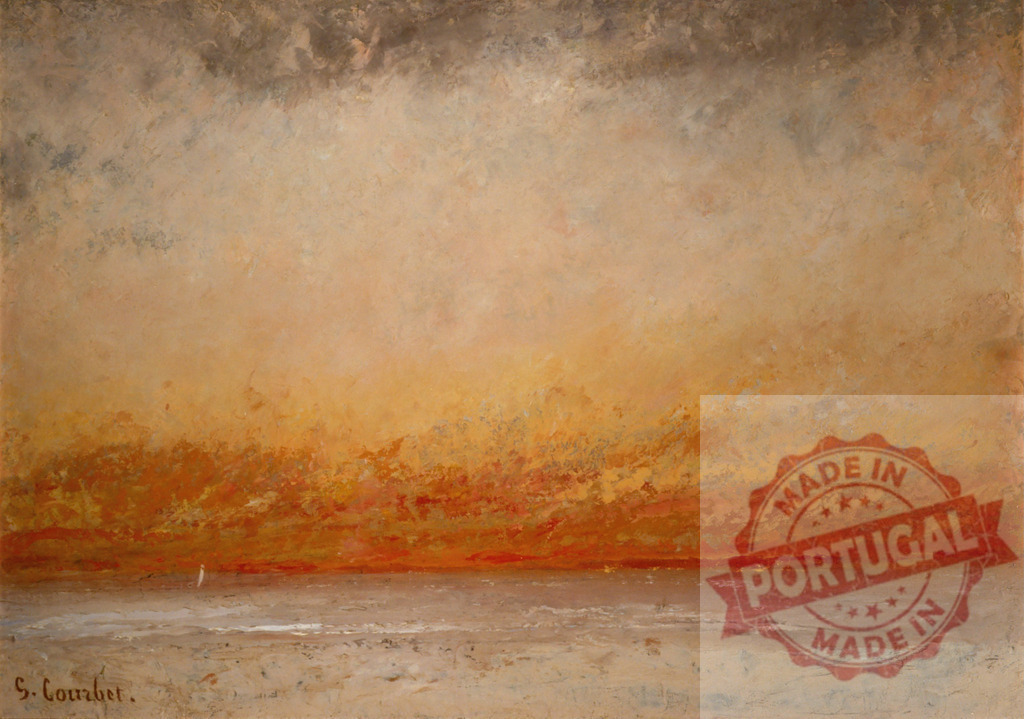 Gustave Courbet Gustave Courbet seascape painting at sunset with lone figure | Gustave Courbet seascape painting showing a solitary figure on a beach during a vibrant sunset - Realized with Pictrs.com
