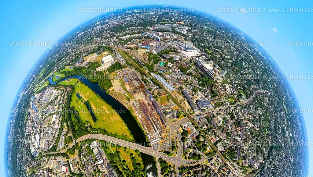 Muelheim230790094_Mitte_Fish_Ruhr | Luftbild, Mülheim-West Gewerbegebiet, Friedrich Wilhelms-Hütte und thyssenkrupp Schulte am Fluss Ruhr, Erdkugel, Fisheye Aufnahme, Fischaugen Aufnahme, 360 Grad Aufnahme, tiny world, Altstadt II, Mülheim an der Ruhr, Ruhrgebiet, Nordrhein-Westfalen, Deutschland