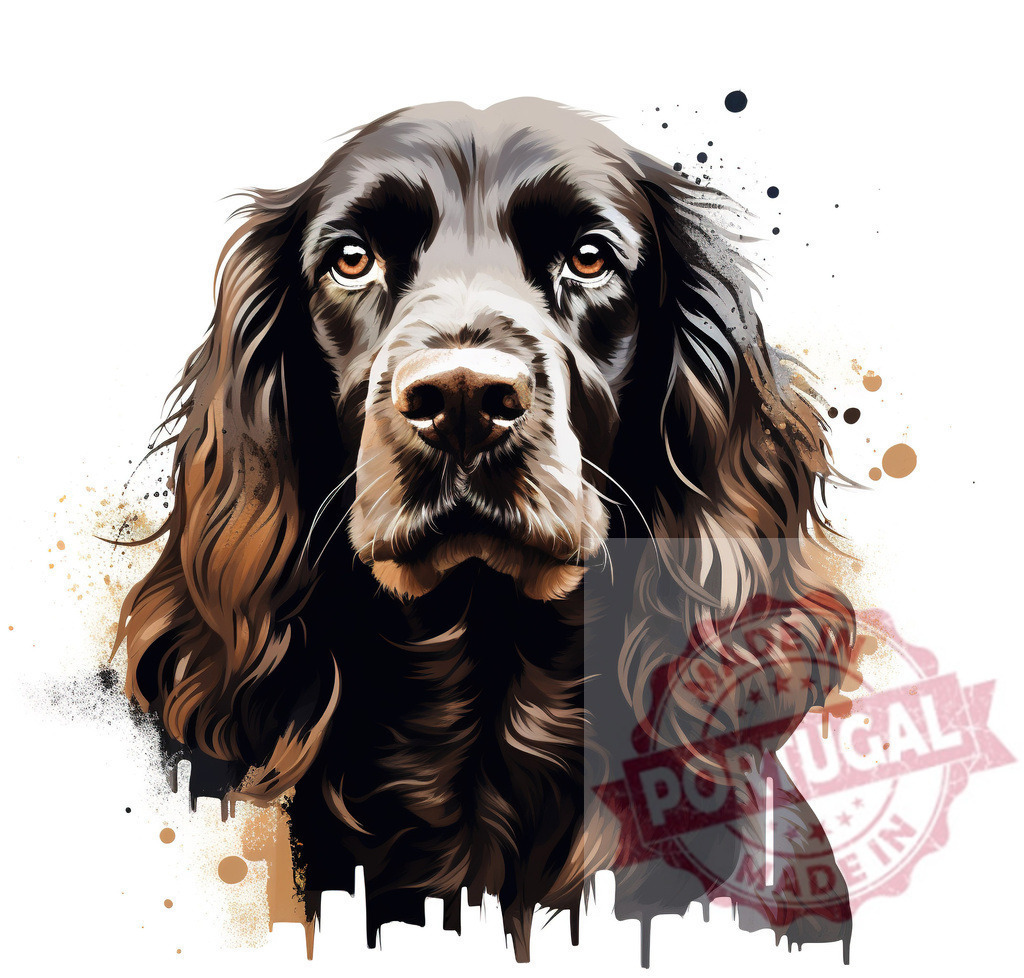 Chocolate cocker spaniel dog portrait watercolor art | Professional artful dog portraits Brown cocker spaniel dog looking at camera with painterly watercolor effects on white background - Realized with Pictrs.com