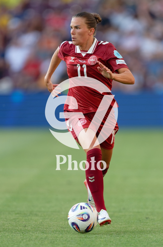 Denmark v Sweden - UEFA Women's EURO 2025 Group C | GENEVA, SWITZERLAND - JULY 4: Katrine Veje of Denmark runs with the ball during the UEFA Womens EURO 2025 Group C match between Denmark and Sweden at Stade de Geneve on July 4, 2025 in Geneva, Switzerland. (Photo by Giuseppe Velletri/Sports Press Photo/Getty Images)