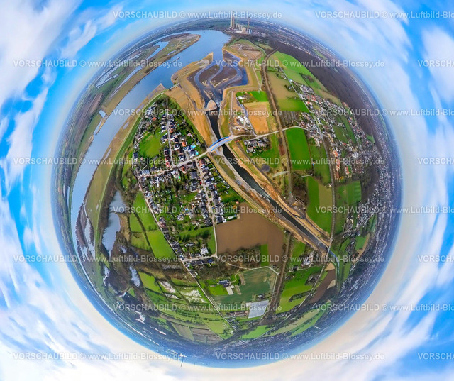 Dinslaken240390011Emschermuendung | Luftbild, Neue Emschermündung und Fluss Rhein, blaue Brücke Hagelstraße, Emscherdeich mit gebrochenem Damm an der Emschermündung und zerstörte fehlende Eisenbahnbrücke, Erdkugel, Fisheye Aufnahme, Fischaugen Aufnahme, 360 Grad Aufnahme, tiny world, little planet, fisheye Bild, Möllen, Dinslaken, Niederrhein, Nordrhein-Westfalen, Deutschland