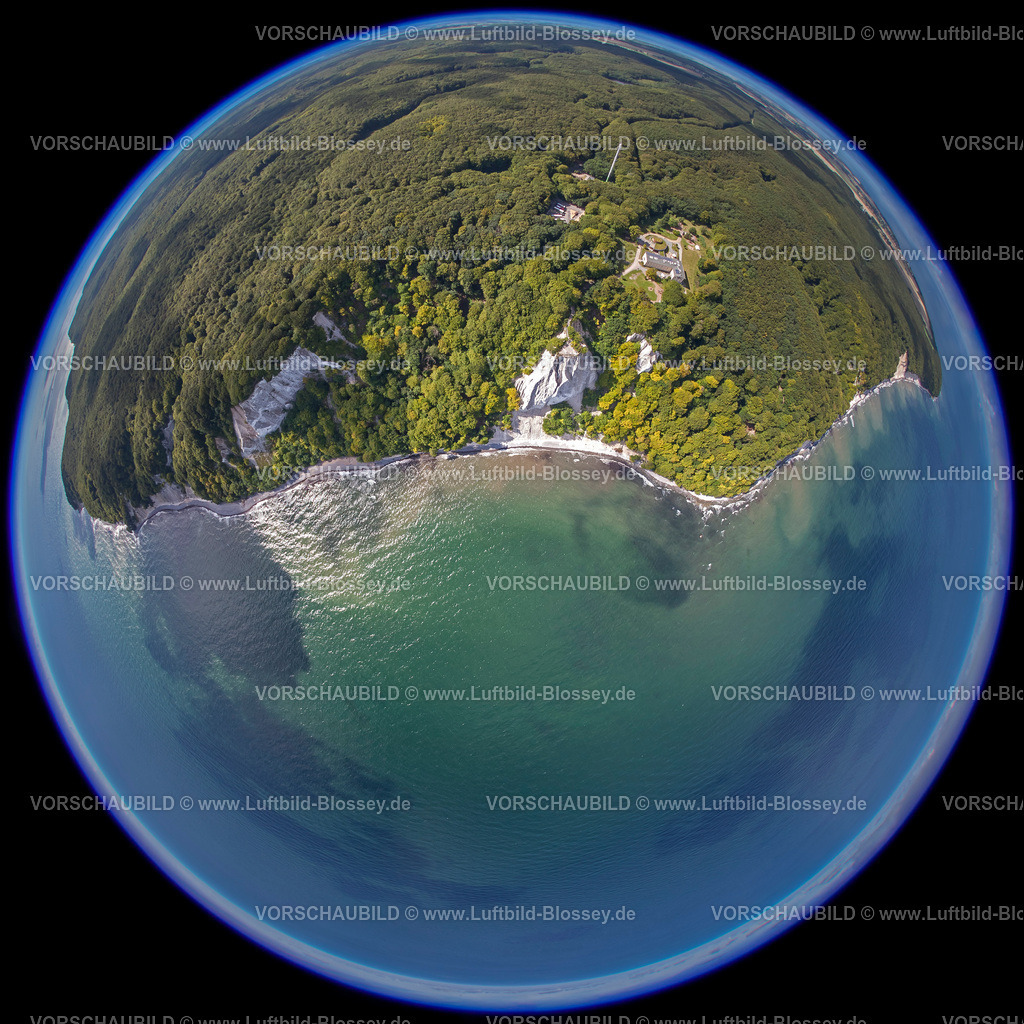 Ruegen12083185JasmundKoenigsstuhl1 | Luftbild, Kreidefelsen, Nationalpark Jasmund, Grosse Stubbenkammer, Kleind Stubbenkammer, Königsstuhl, Aussichtsplattform, Fischaugenlinse, fisheyeobjektiv, rundes Bild,  Sassnitz, Insel Rügen, Mecklenburg-Vorpommern, Deutschland, Europa