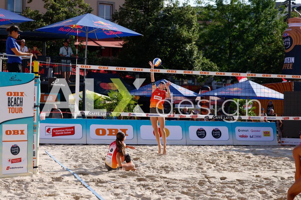Obi BeachTour 2026 - Basel | BASEL, SWITZERLAND - JULY 17: LIVIA STOLZ (SUI) attack / spike during the Obi BeachTour 2026 match between WANDELER / STOLZ (SUI) and GRÜNIG / PROBST (SUI) at Barfüsserplatz on July 17, 2026 in Basel, Switzerland. - Realisiert mit Pictrs.com