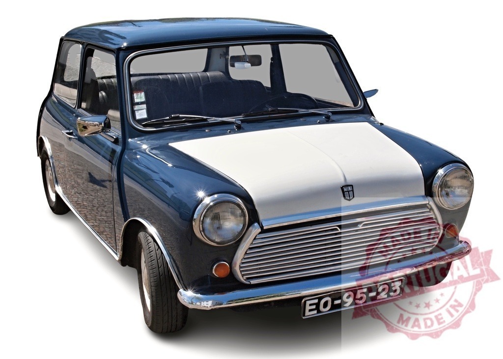 Classic Mini Cooper shining with two-tone paint job | Vintage Mini Cooper boasting a stylish two-tone paint job, parked and ready to hit the road - Realisiert mit Pictrs.com